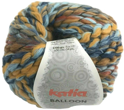 Colorful skein of yarn with a Katia label on a white background