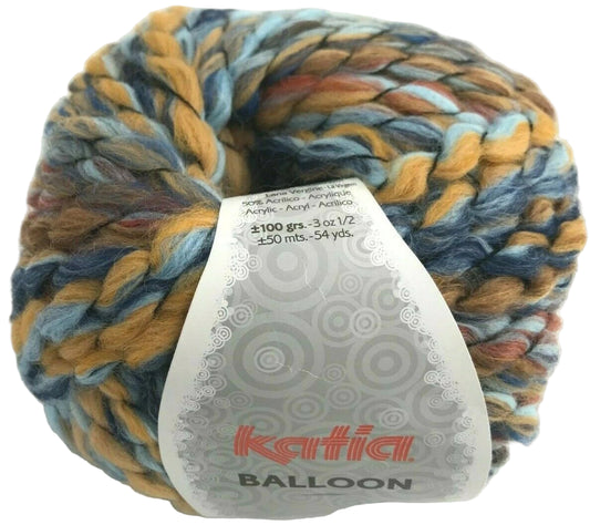 Colorful skein of yarn with a Katia label on a white background