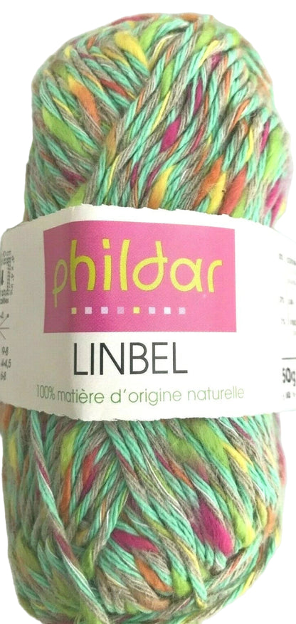 Colorful skein of yarn with a 'phildar' label on a white background