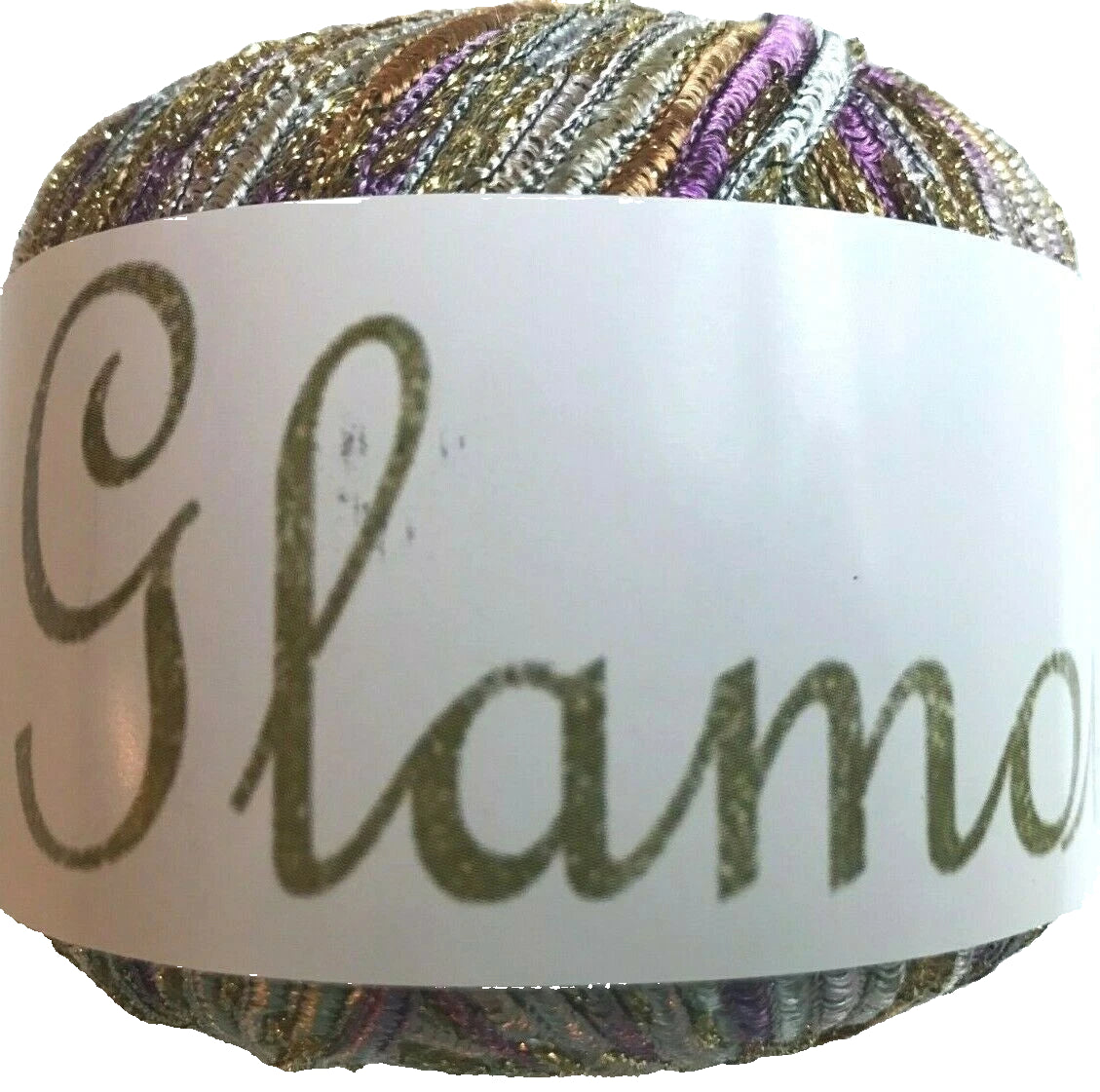 Multicolored yarn ball with 'Glamor' label on a white background