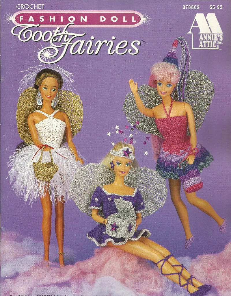 Crochet pattern book cover for Fashion Doll Tooth Fairies by Annie's Attic on a purple background.