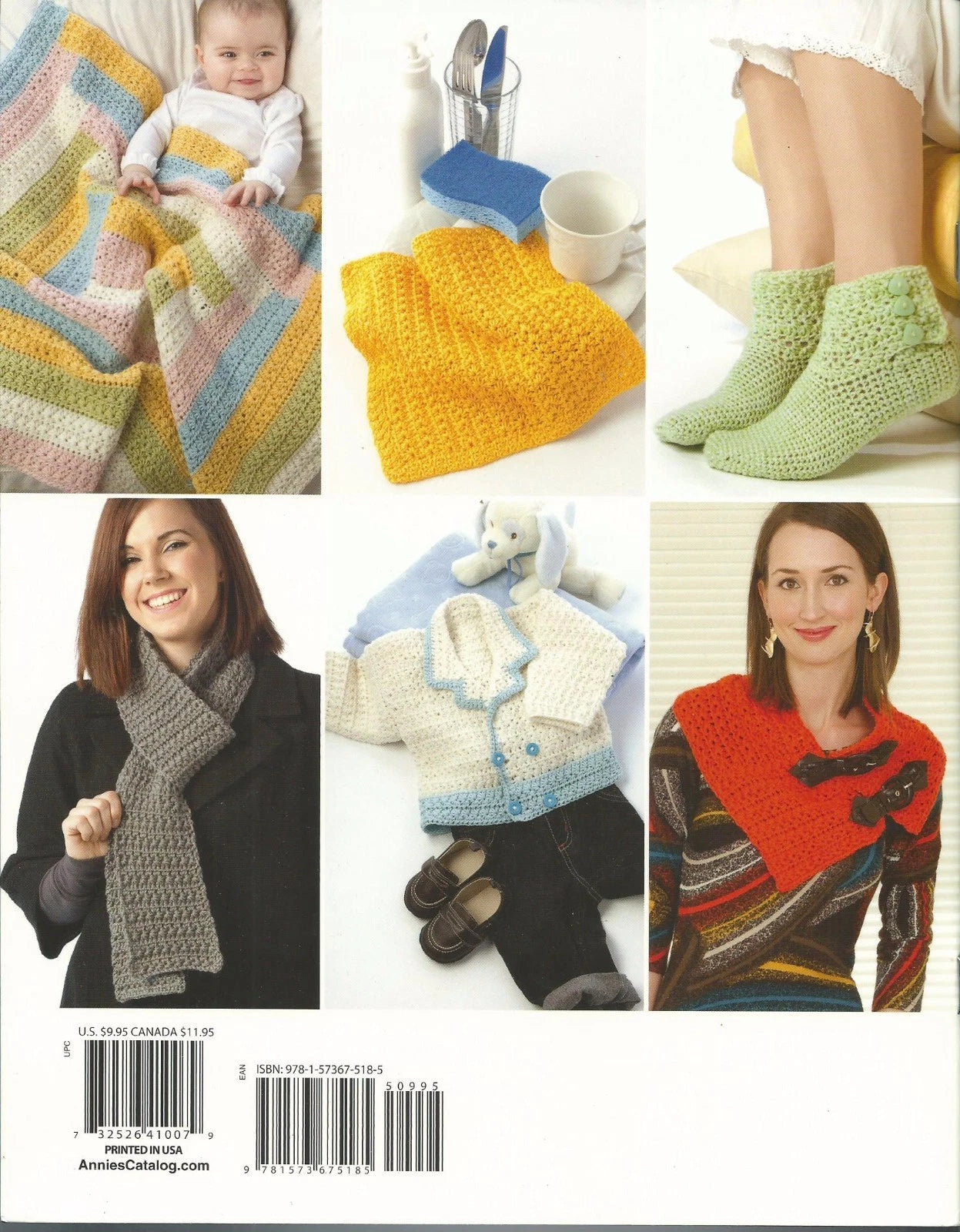 Catalog page with various knitted and crocheted items and people wearing them.