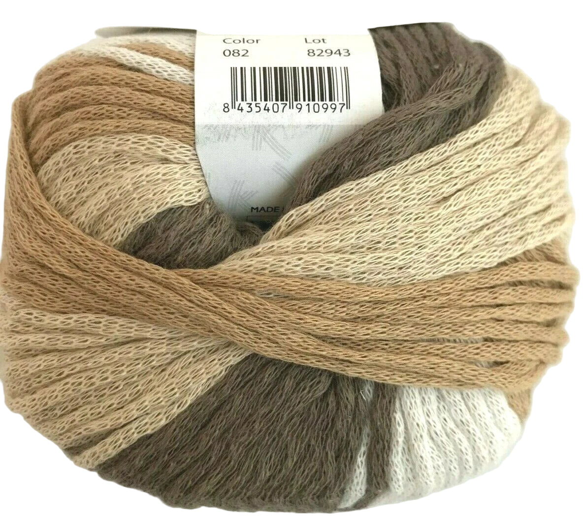 Ball of yarn with a label on a white background