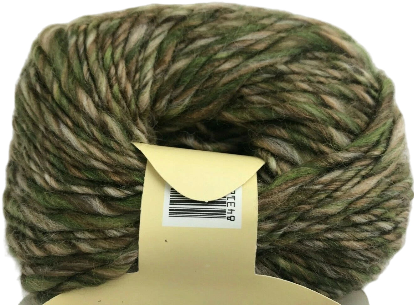 Ball of green yarn with a label on a white background