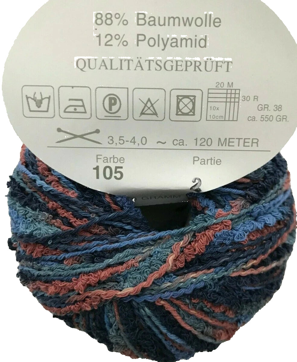 Multicolored yarn ball with label on a white background