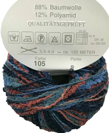 Multicolored yarn ball with label on a white background