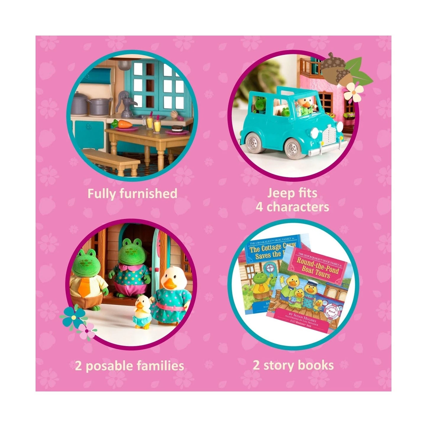 Product packaging with features on a pink background