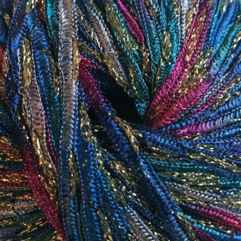 Multicolored yarn skein with metallic sheen on a white background