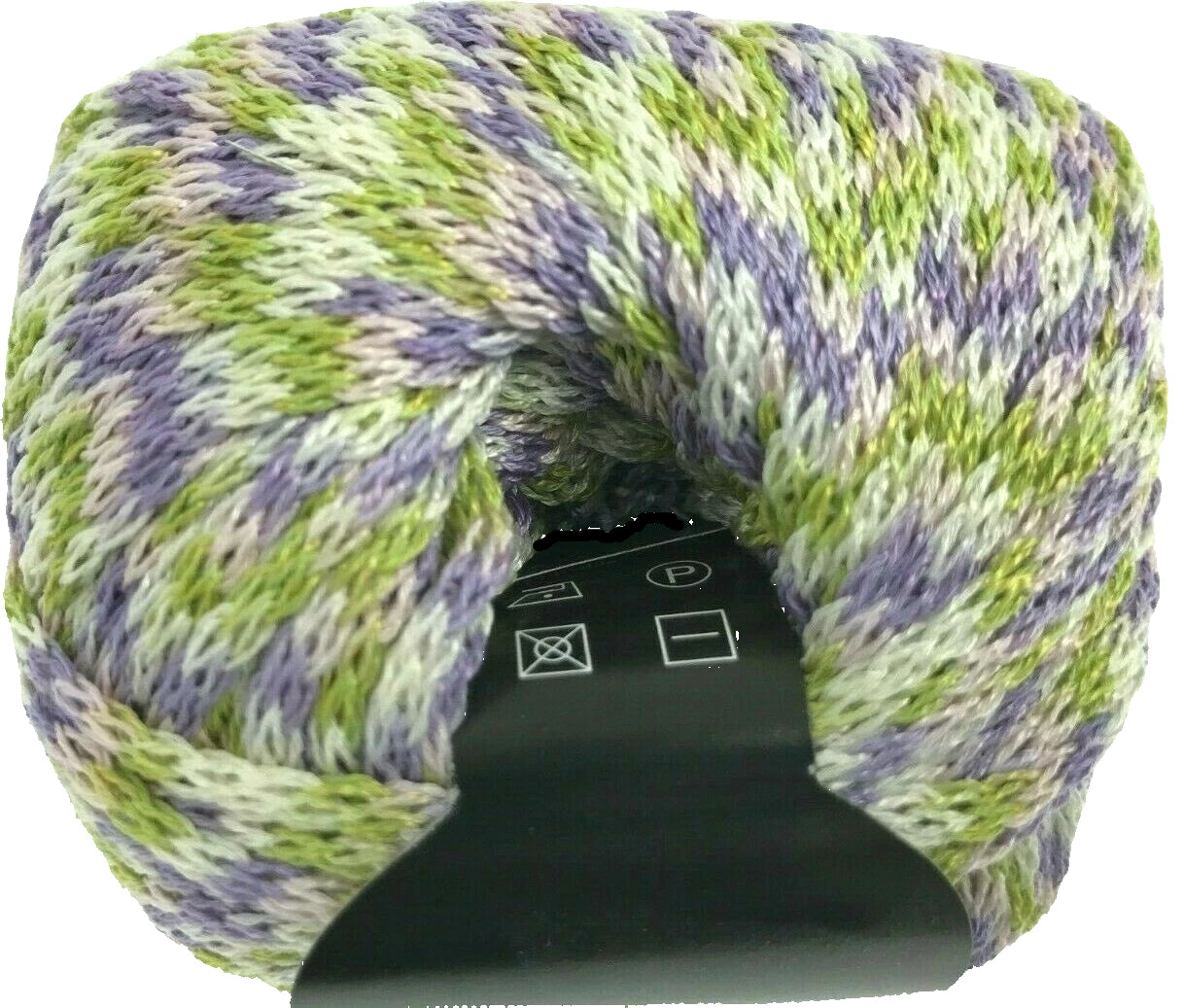 Green and purple yarn skein with label on a white background
