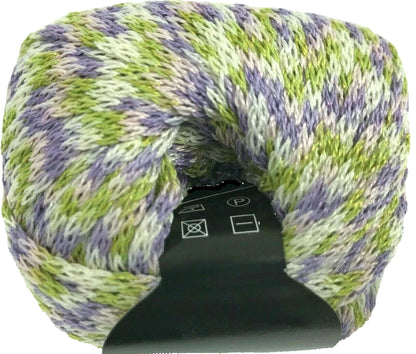 Green and purple yarn skein with label on a white background