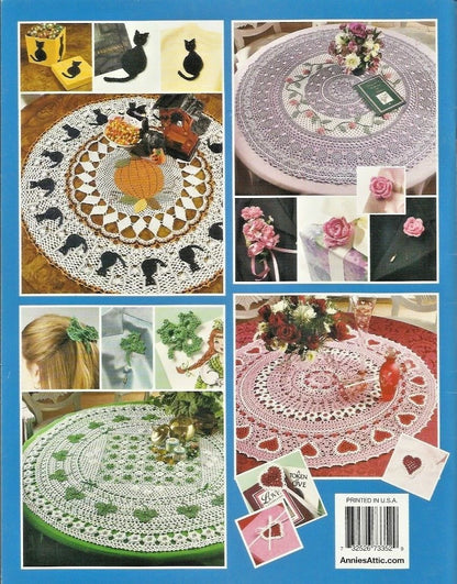 Collection of crochet doilies with various patterns and designs on a blue background.