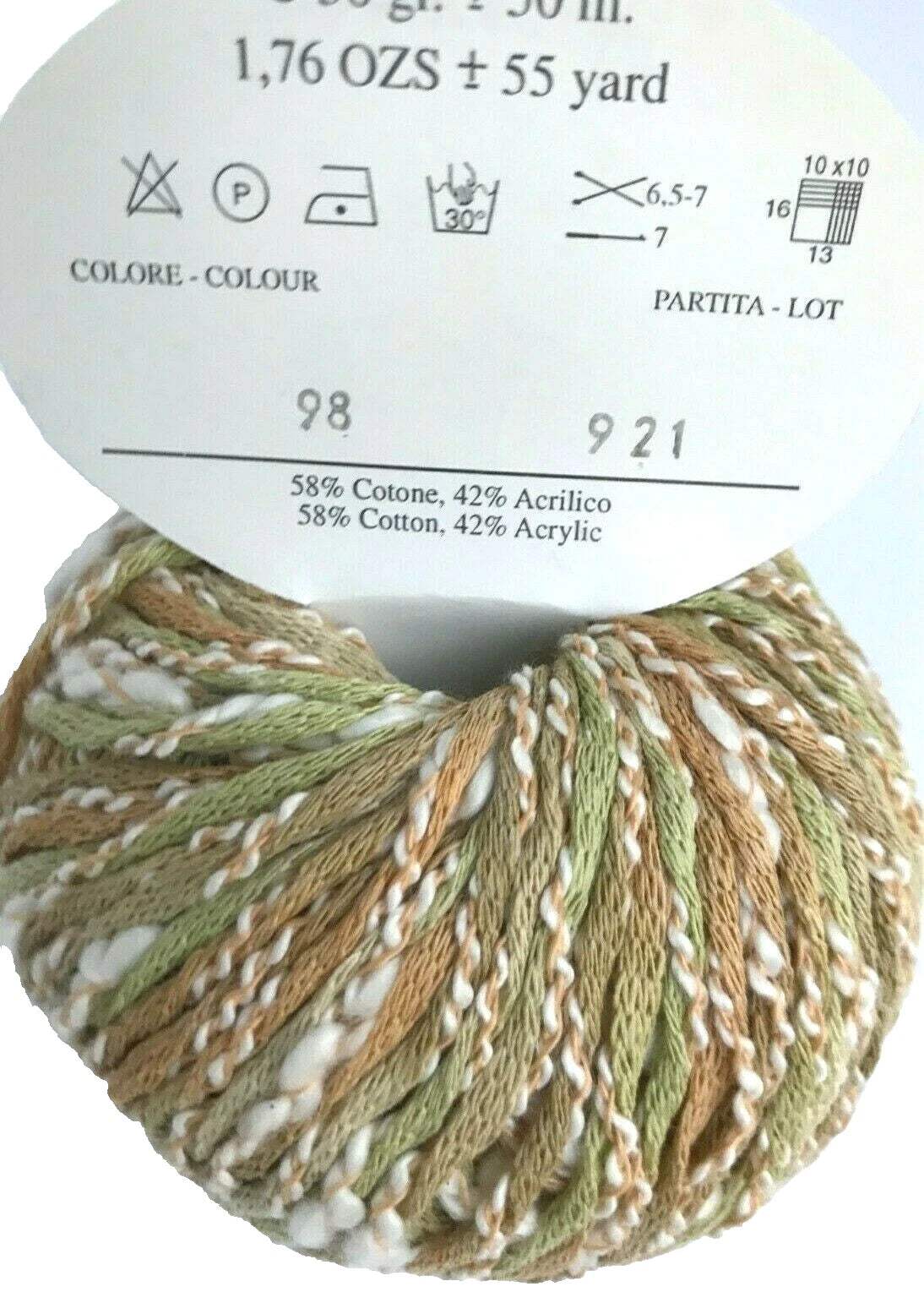 Ball of yarn with label showing color code and composition details