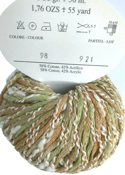 Ball of yarn with label showing color code and composition details