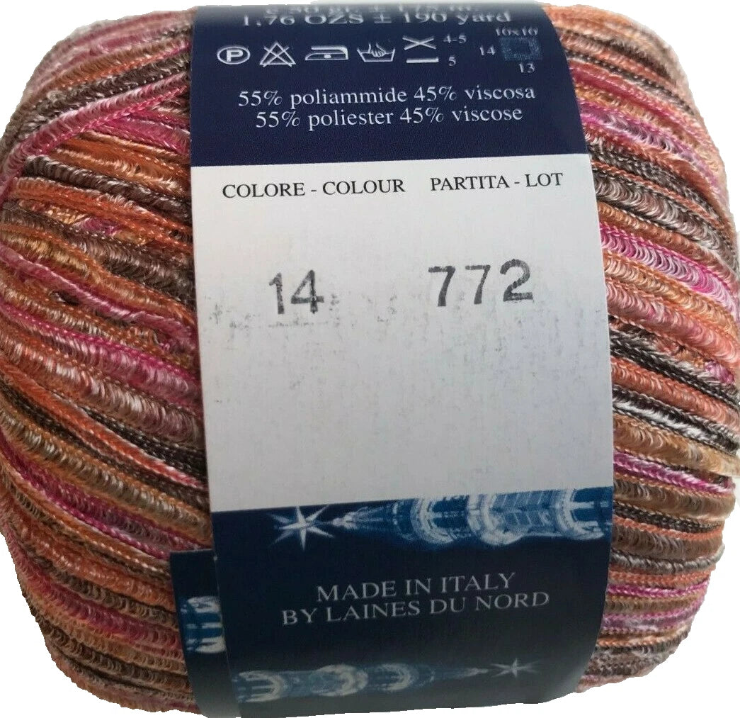 Multicolored yarn ball with a label indicating 'Made in Italy by Laines du Nord'.