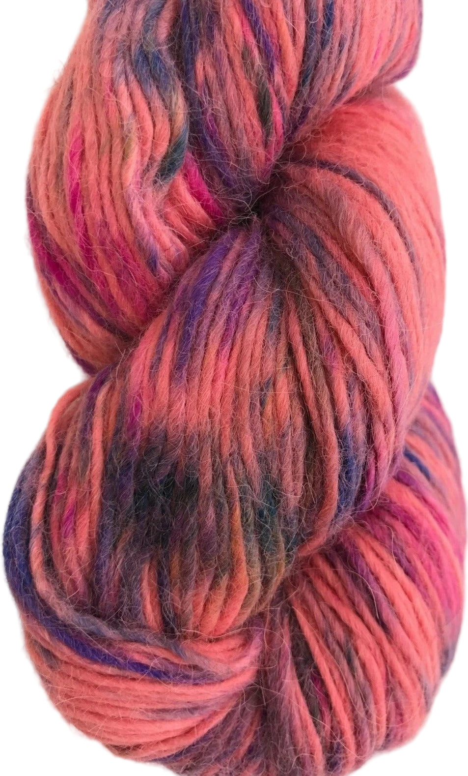 Multicolored skein of yarn on a white background
