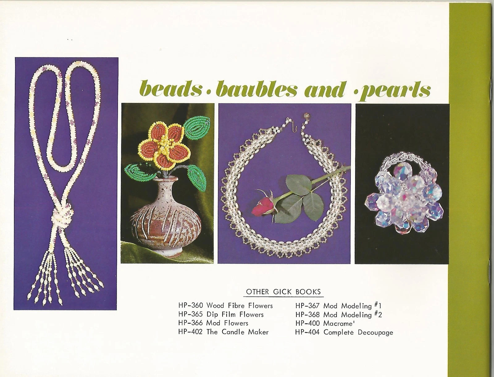 Vintage advertisement for beads, baubles, and pearls with product images and text.