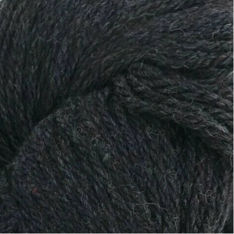 Dark gray skein of yarn with a label on a white background