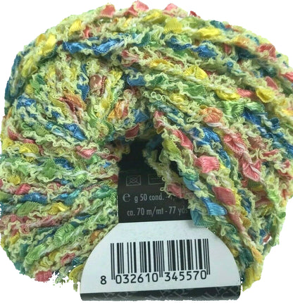 Multicolored yarn skein with a label on a white background