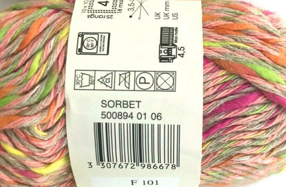 Colorful yarn ball with a label showing product details.