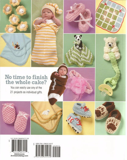 Collection of baby crochet items including a blanket, booties, and toys on a colorful background.