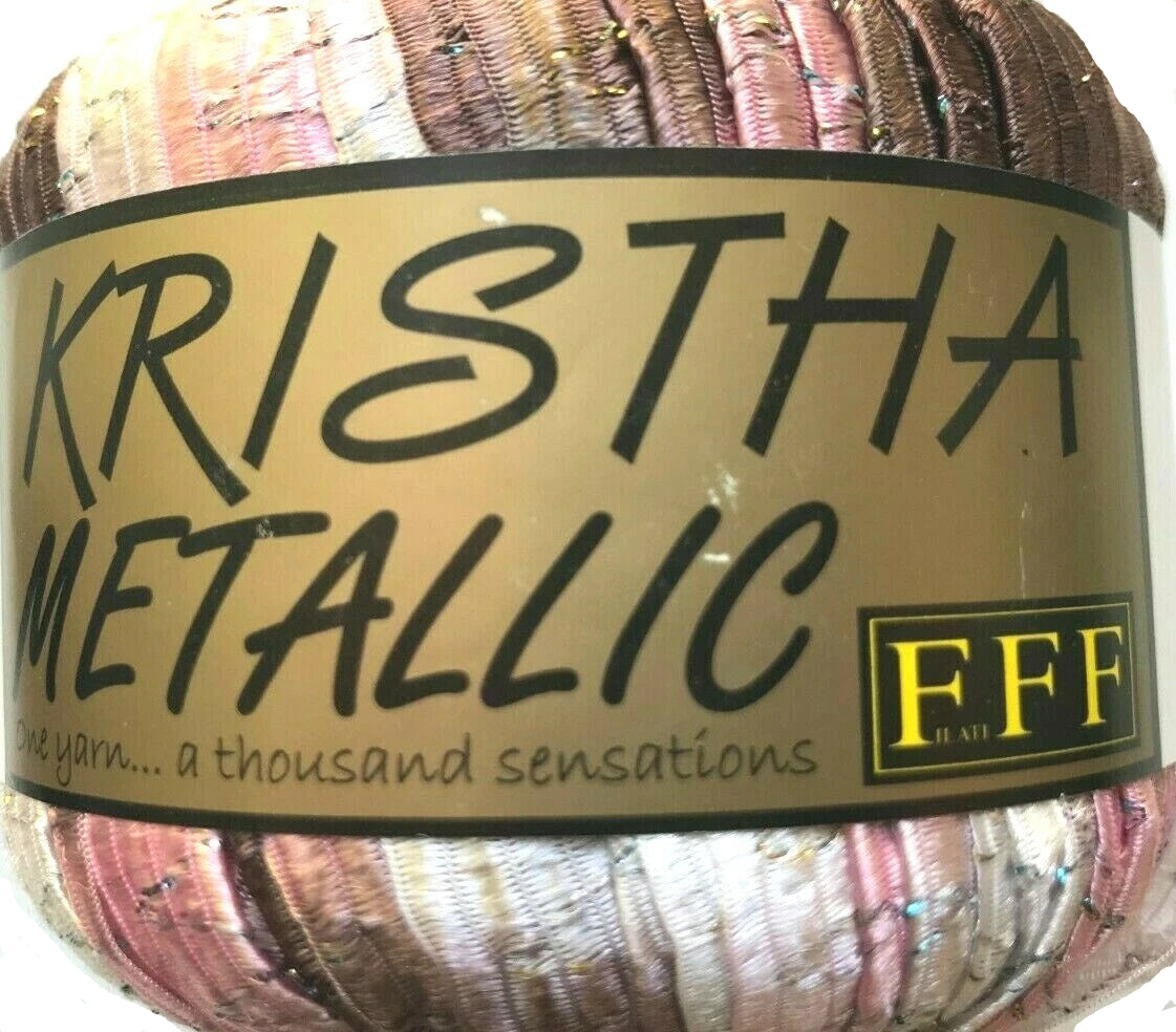Ball of yarn labeled 'Kristha Metallic' with a gold label and multicolored yarn.