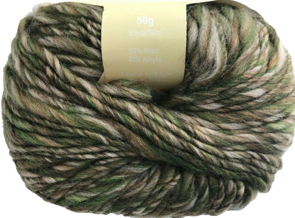 Green and brown skein of yarn with a label on a white background
