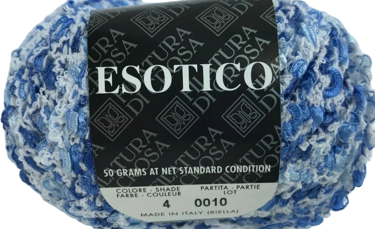 Blue and white yarn ball with a label on a white background