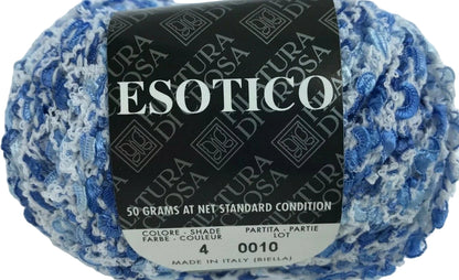 Blue and white yarn ball with a label on a white background