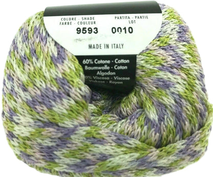Spool of green and purple yarn with a label on a white background