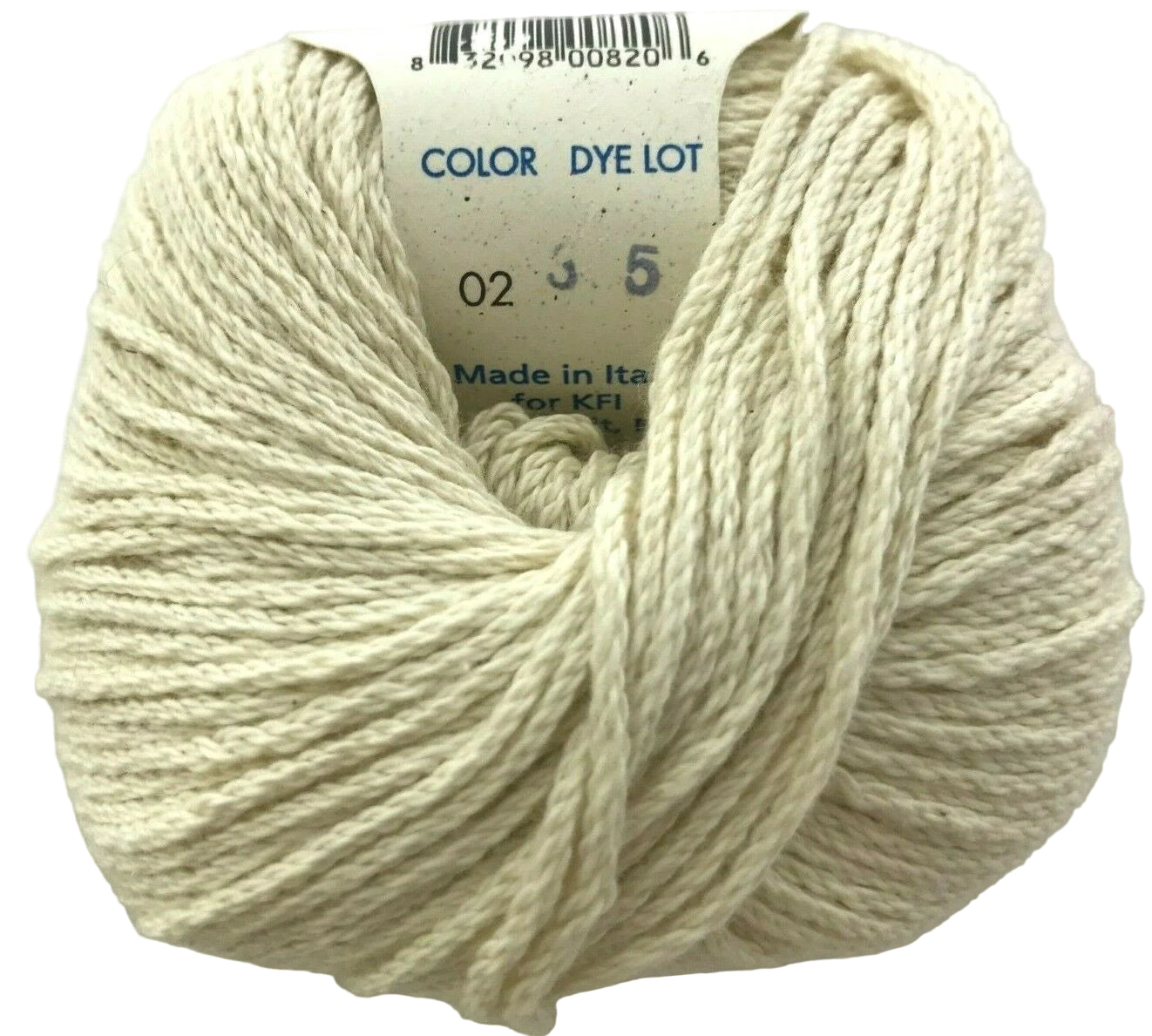 Ball of cream-colored yarn with a label on a light gray background