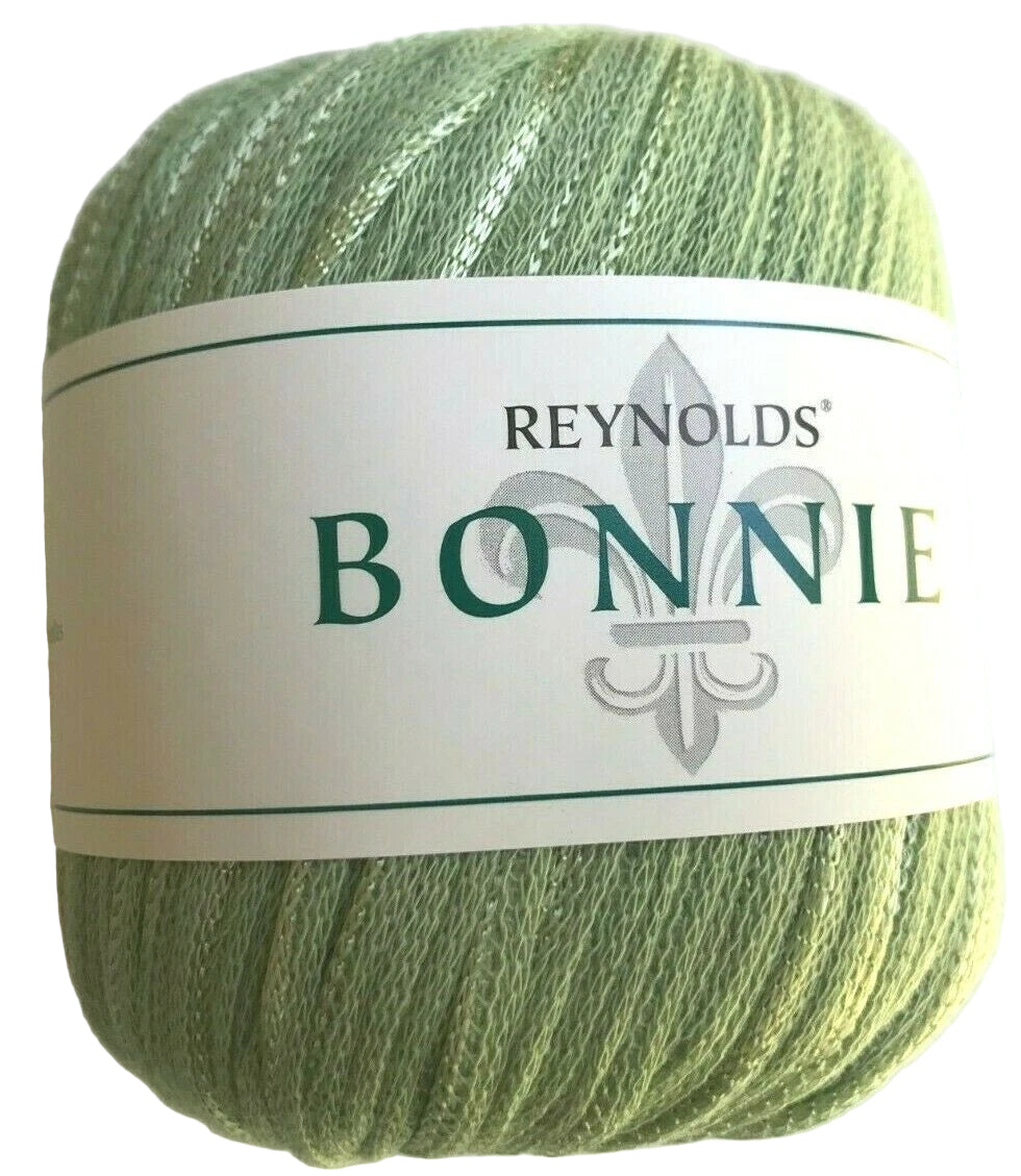 Green yarn ball with Reynolds Bonnie label on a white background