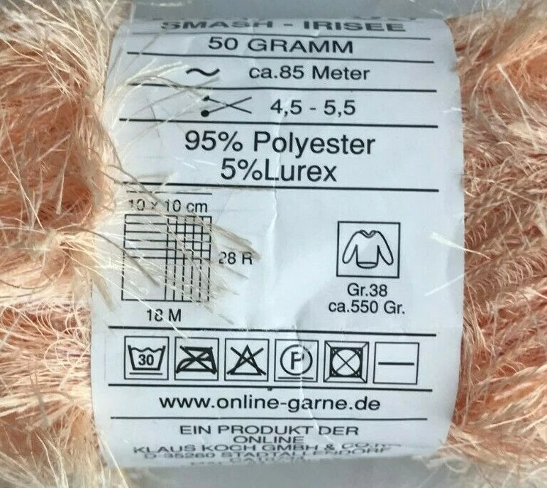 Yarn label with product details on a ball of yarn
