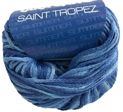 Blue skein of yarn with 'Saint Tropez' branding on a white background
