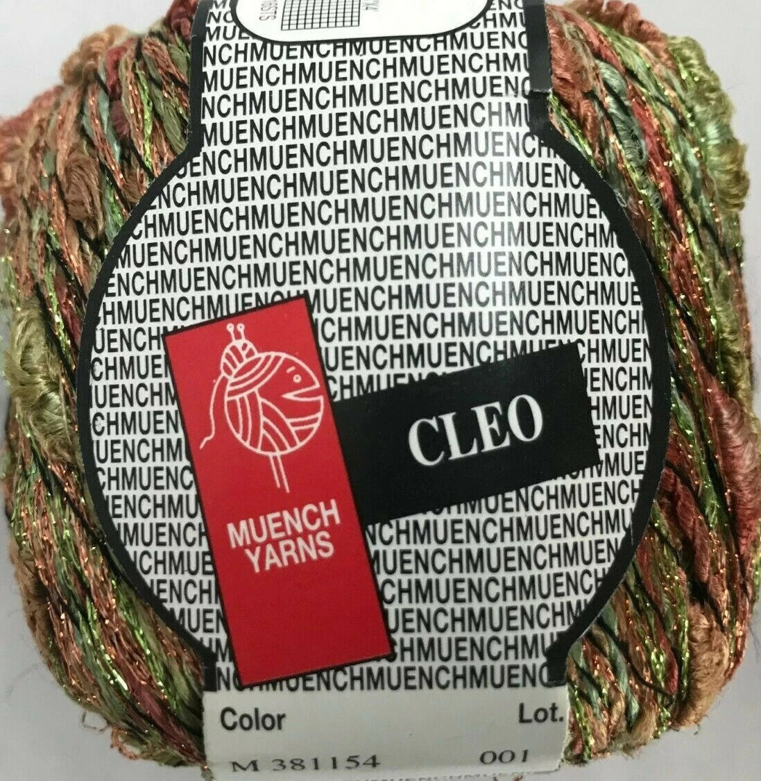 Ball of yarn with Muench Yarns and Cleo labels on a white background