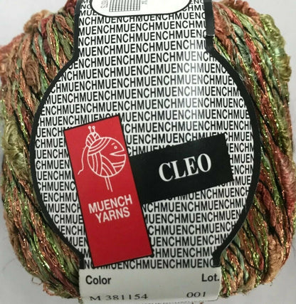 Ball of yarn with Muench Yarns and Cleo labels on a white background