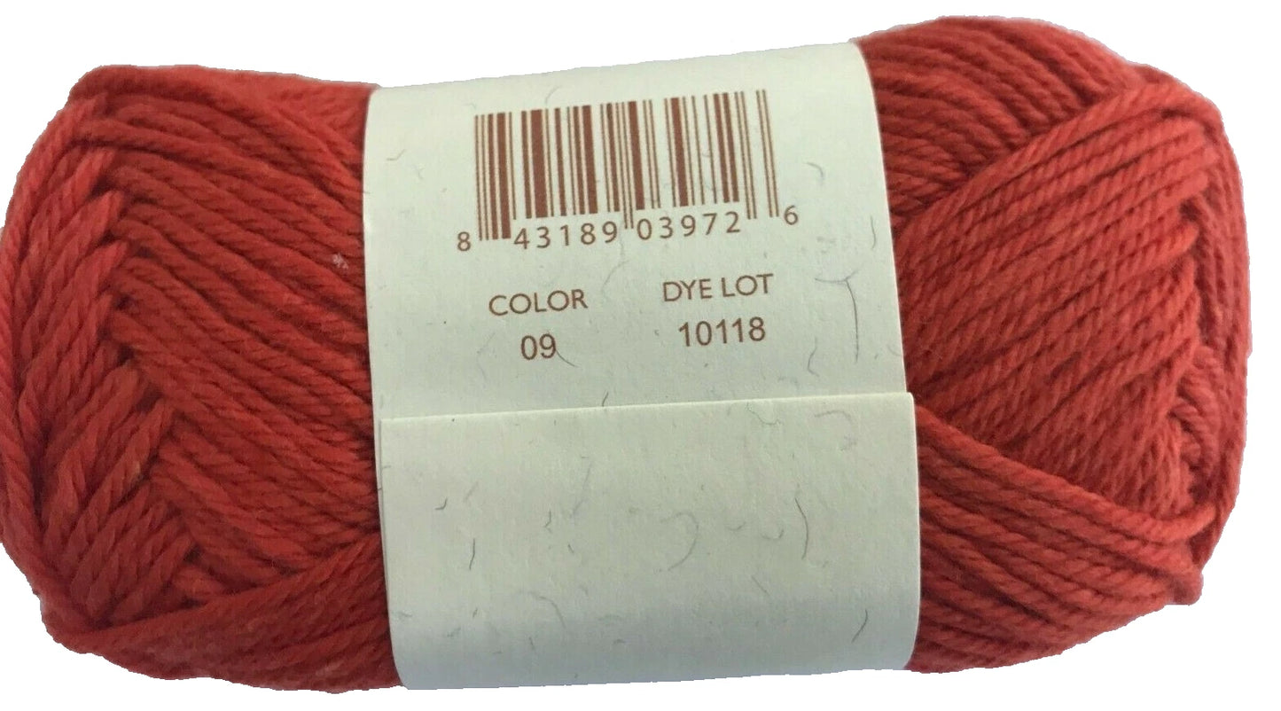 Red skein of yarn with a label on a white background