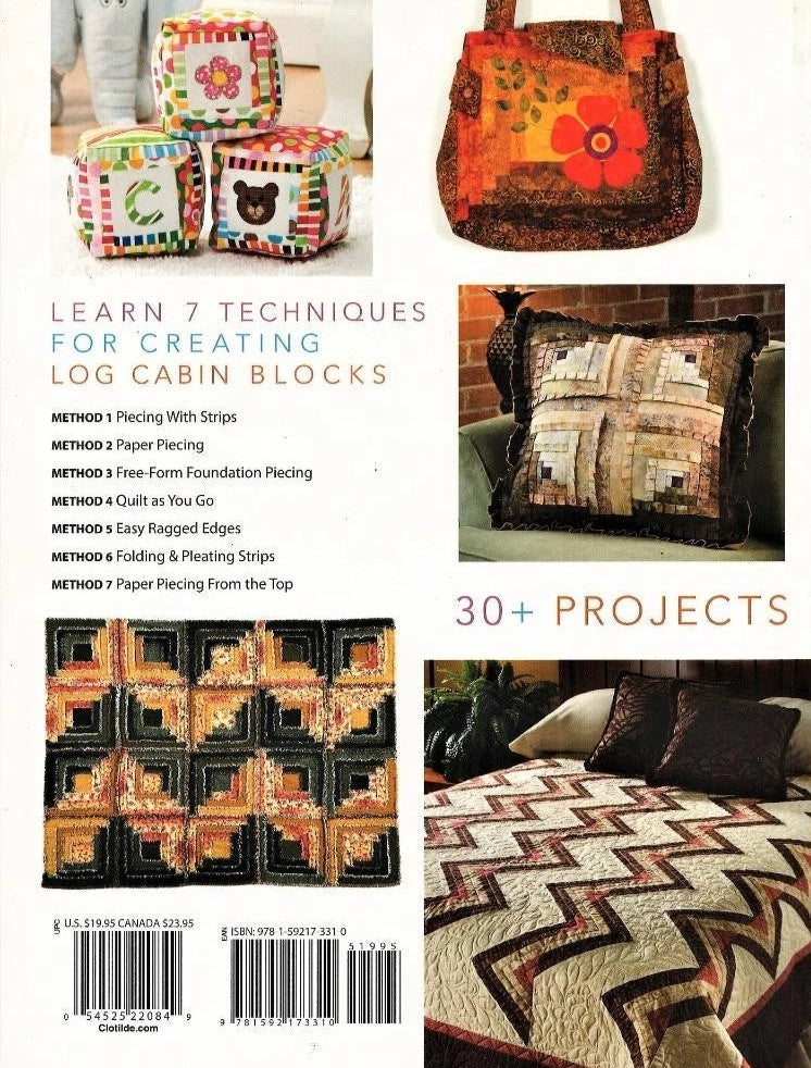 Book cover with images of quilted items and text about log cabin blocks and projects.