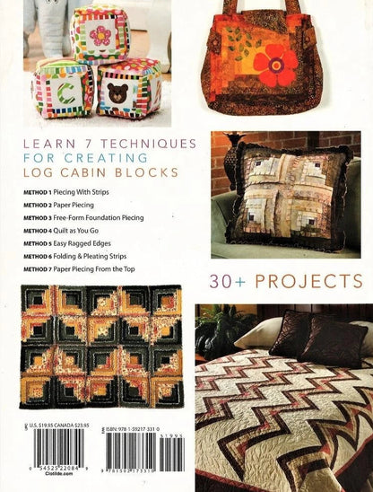 Book cover with images of quilted items and text about log cabin blocks and projects.