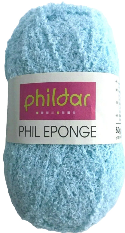 Blue yarn ball with a Phildar label on a white background