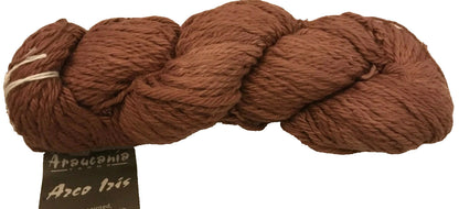 Brown skein of yarn with a label on a white background