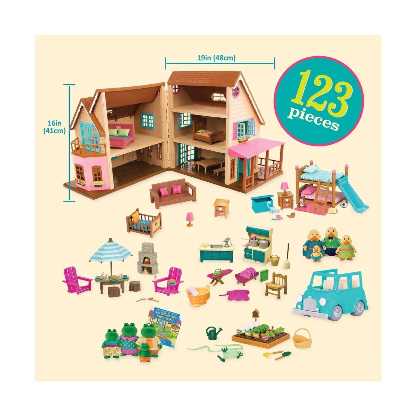 Toy house set with various furniture pieces and accessories on a beige background