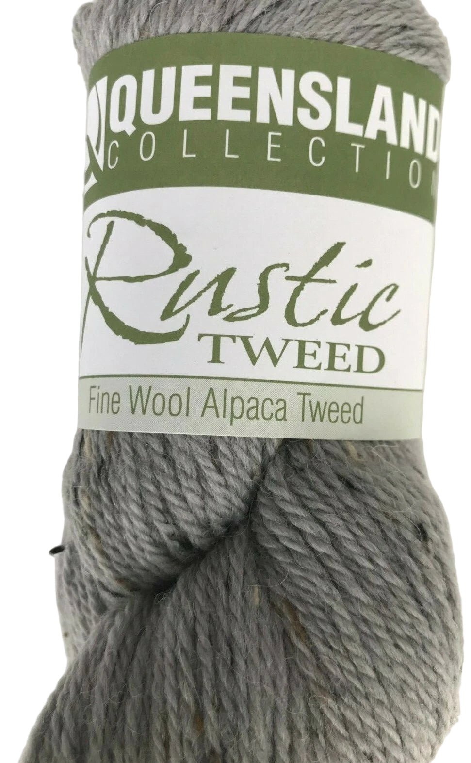Gray skein of yarn with a label indicating 'Queensland Collection Rustic Tweed' on a white background.