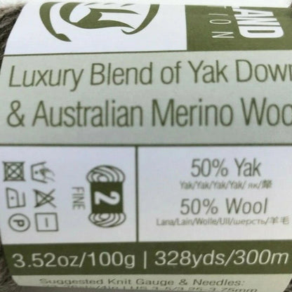 Yak down and merino wool label on a yarn ball
