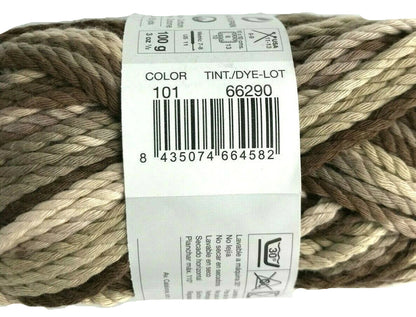 Ball of yarn with a label showing color and product details on a white background
