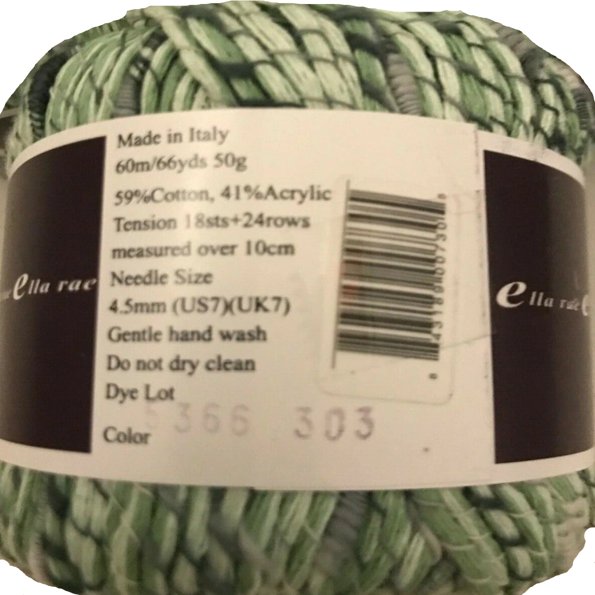 Green yarn ball with label showing product details