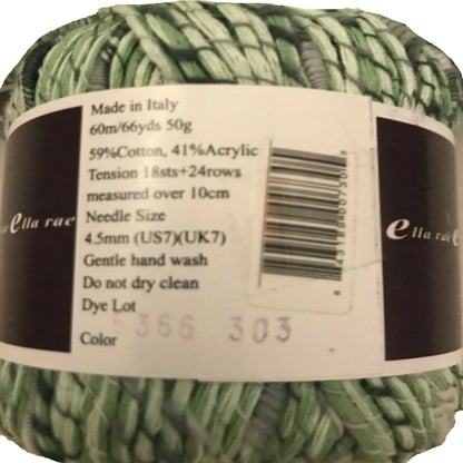 Green yarn ball with label showing product details