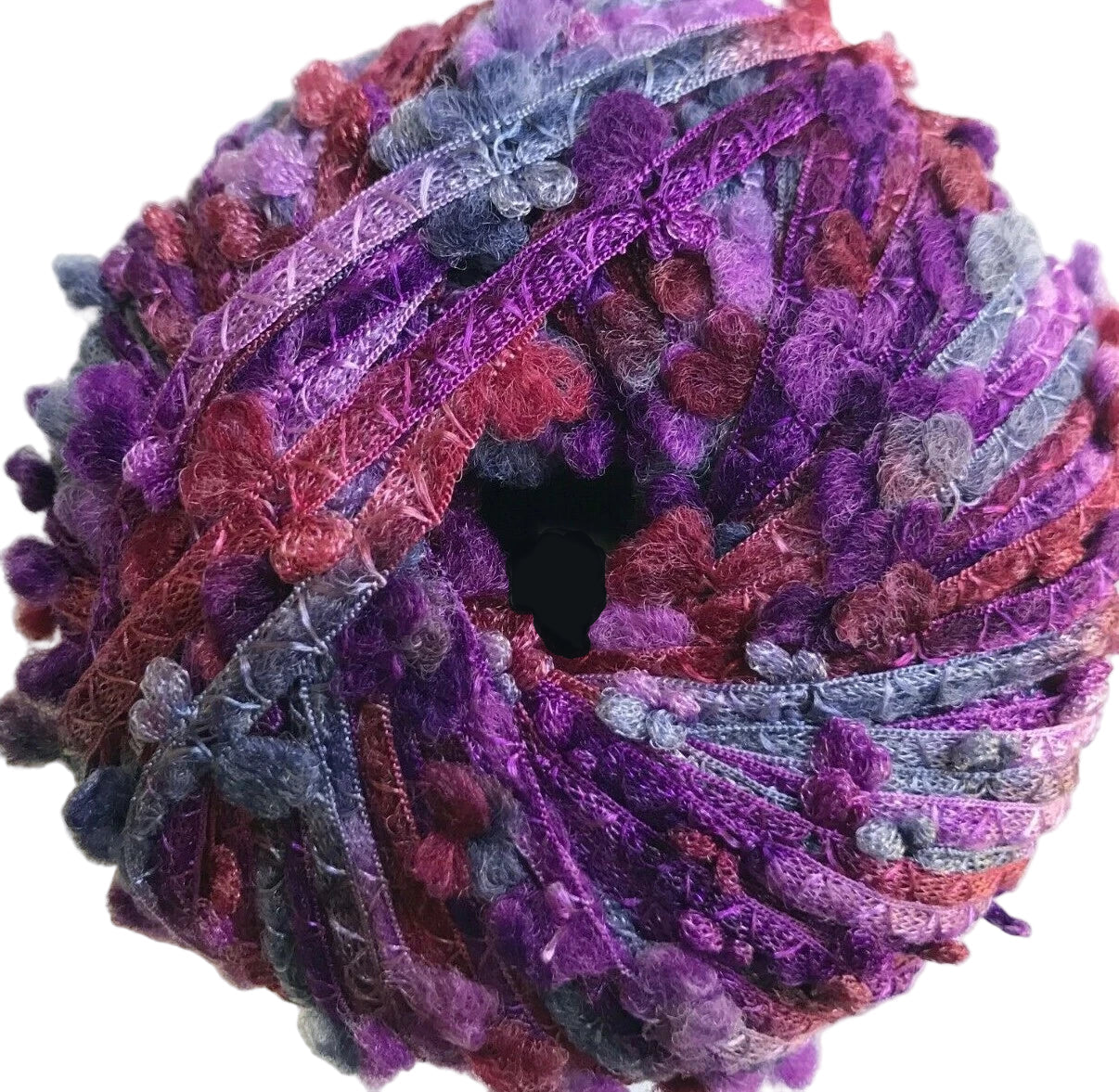 Multicolored yarn ball with purple and red tones on a white background