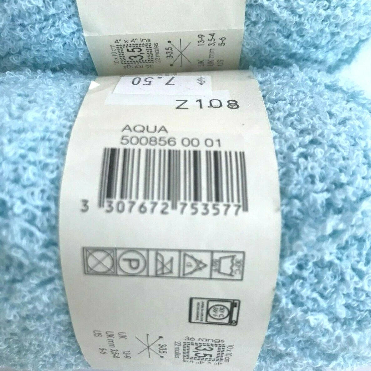 Product label with bar code and text on a textured blue background