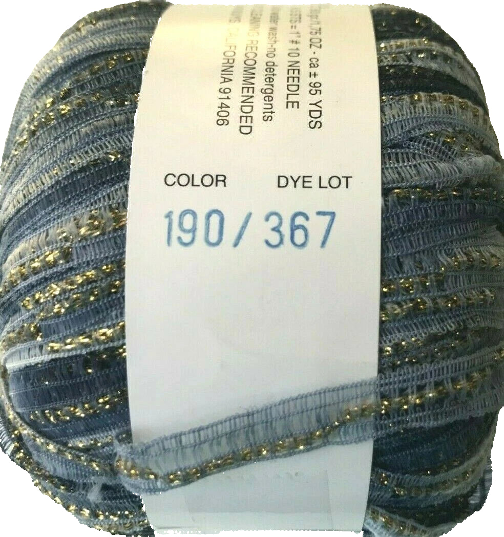 Ball of yarn with a label showing color and dye lot information.