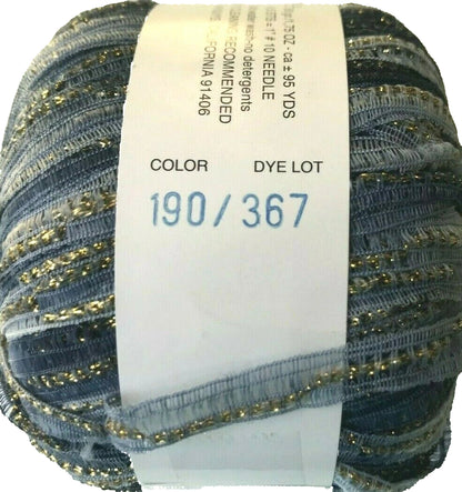 Ball of yarn with a label showing color and dye lot information.